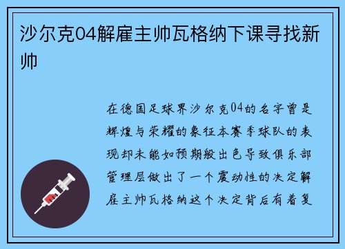 沙尔克04解雇主帅瓦格纳下课寻找新帅